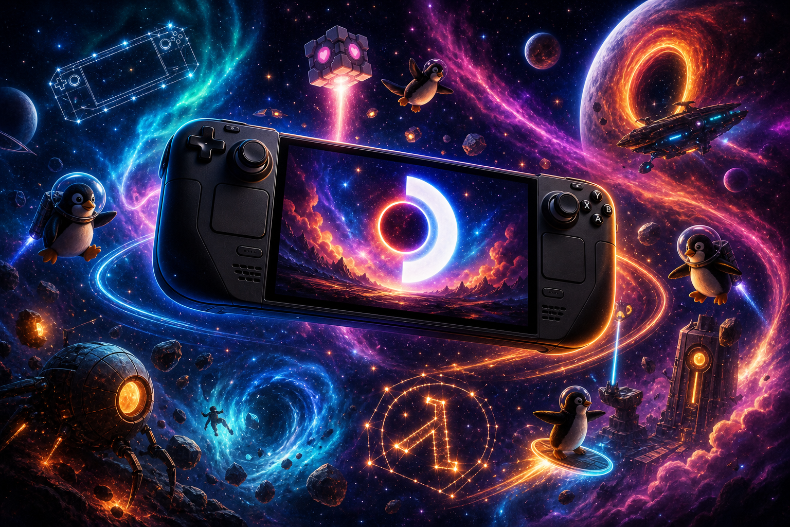 Steam Deck OLED в космосе среди звезд, порталов и пингвинов